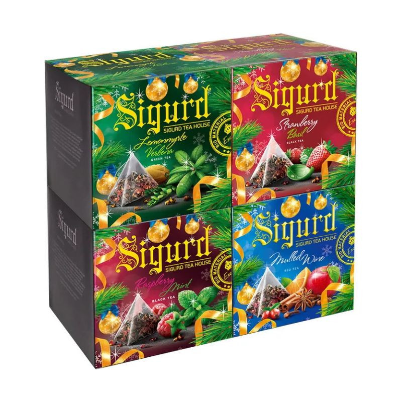 Чайный набор НОВЫЙ ГОД SIGURD (Лимонный мирт, Малина-мята, Клубника-базилик, Глинтвейн) 2гр*15пир*4пач
